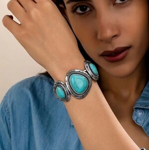2/$40 Boho-Chic Turquoise Geometric Spring Bangle Preppy Clueless-(#0168)